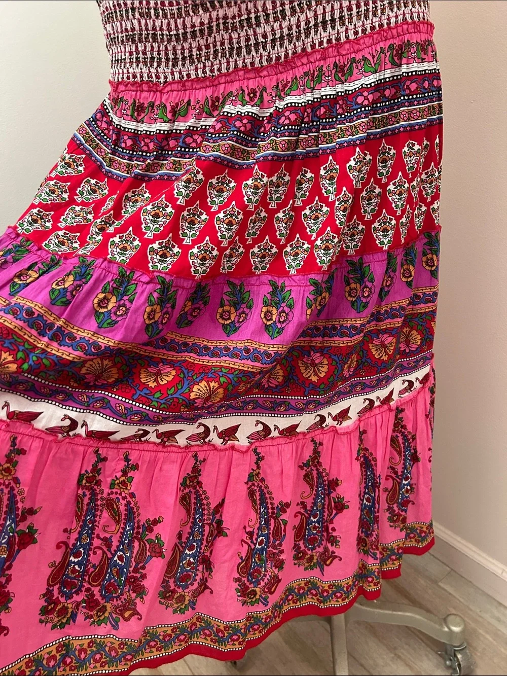 Bohemian Cotton Pink Floral Tiered Maxi Skirt size L ruched waist lined